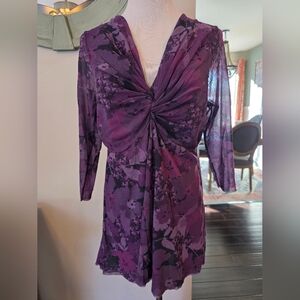 Lucy + Fiona Size XL Vintage Fairy Y2K Boho Mesh Floral Top Purple Twist Front